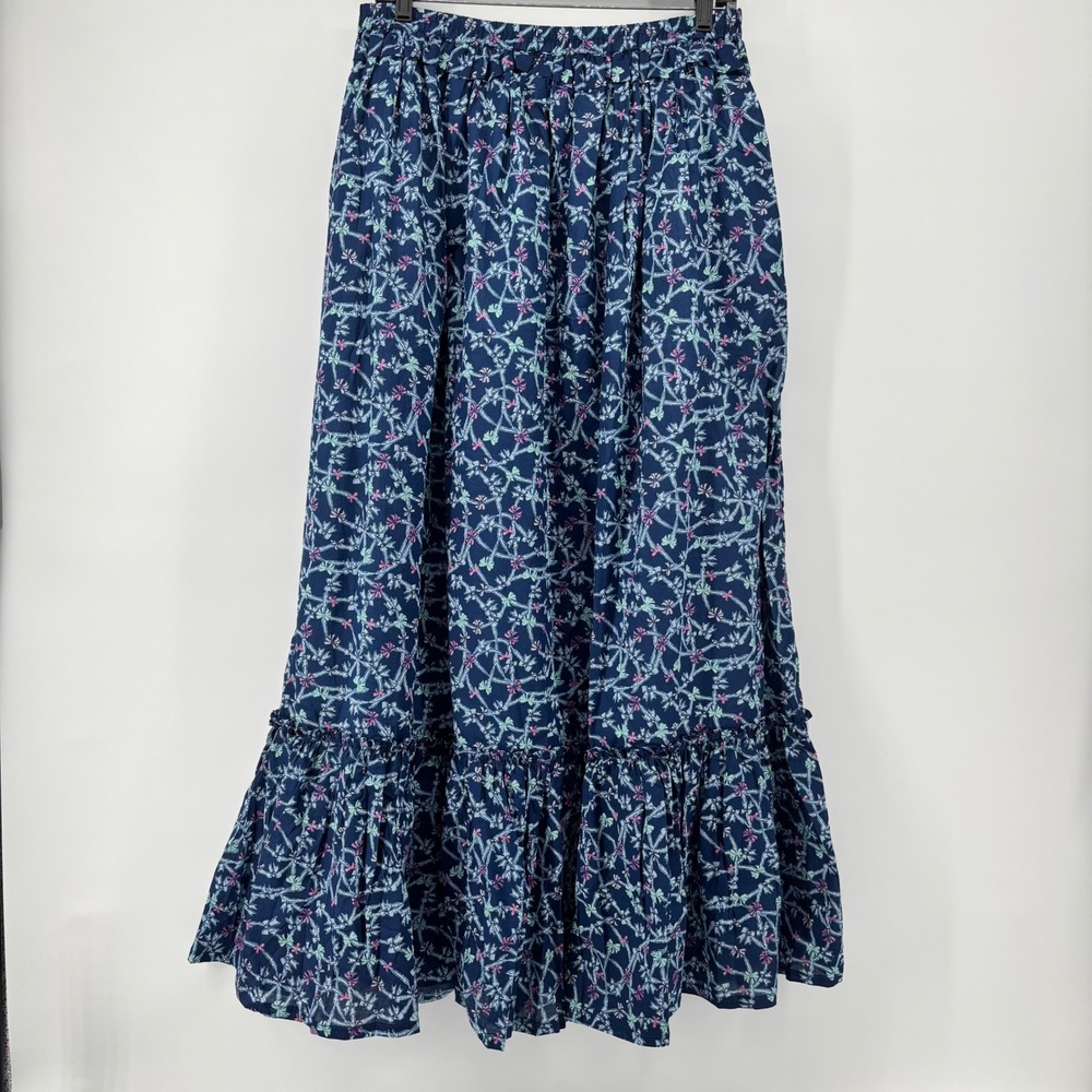 Simply Southern Ophelia Blue Bow Floral Cotton Tiered Maxi Skirt Pockets L NWT